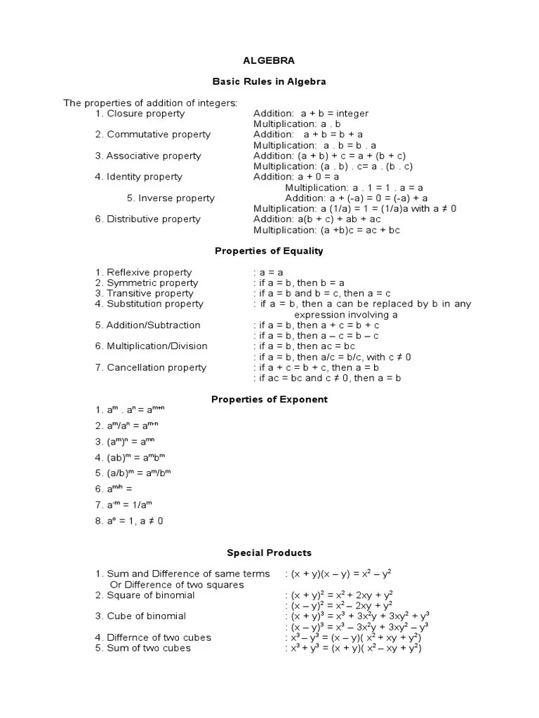 Algebra Basic Rules in Algebra M N M+N M N MN M N MN M M M M M M M/N