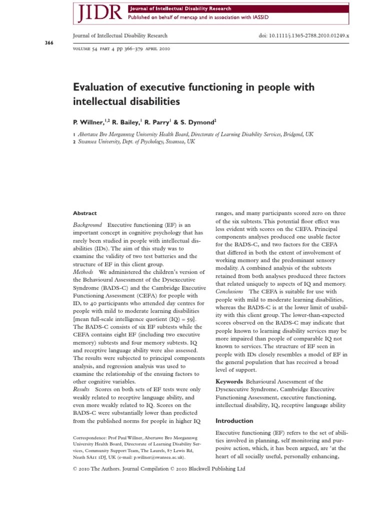 Evaluation of Executive Functioning in People With Intellectual