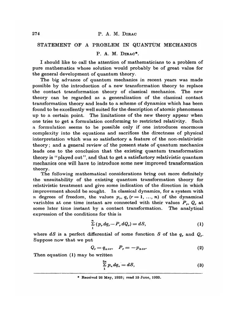 Statement of a Problem in Quantum Mechanics Quantum Mechanics Wave Function