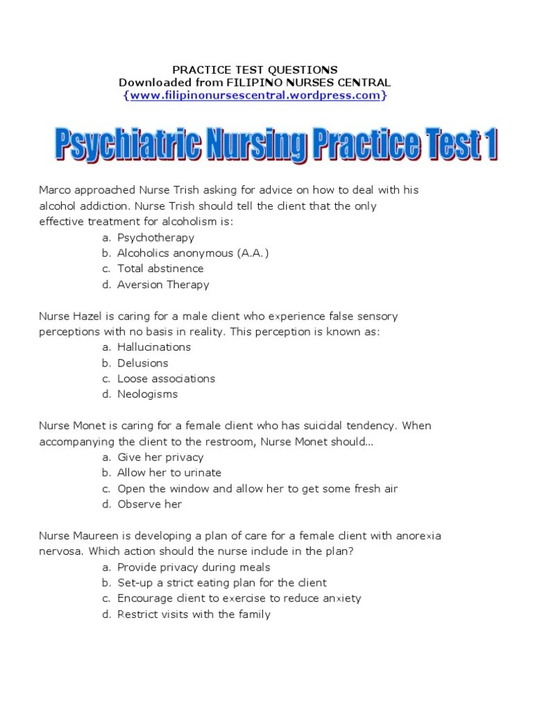 Psychiatric Nursing Practice Test 1 | Anxiety Disorder | Psychological
