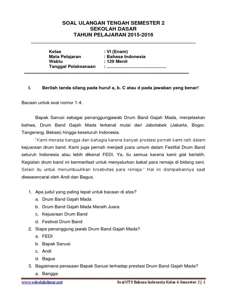 Soal Ulangan Tengah Semester 2 Sekolah Dasar TAHUN