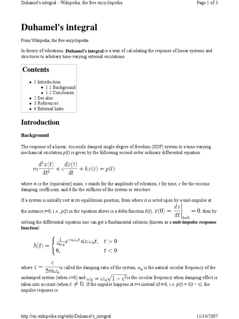 Duhamel's Integral Analysis Physical Quantities