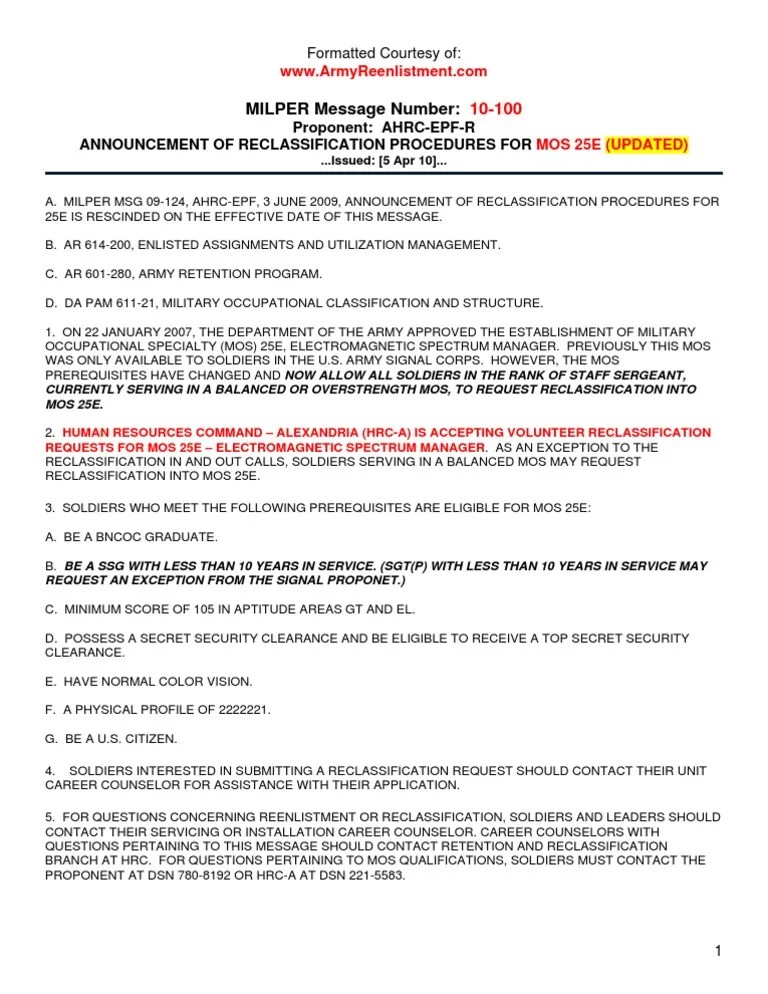 ANNOUNCEMENT OF RECLASSIFICATION PROCEDURES FOR MOS 25E (MILPER Message