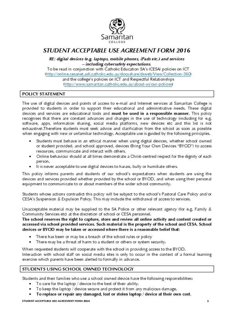 student acceptable use agreement form 2016 Educational Technology