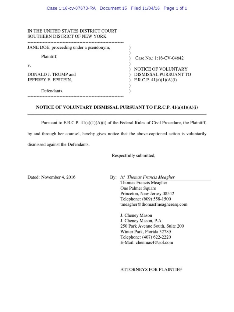 Notice Of Voluntary Dismissal Pursuant To F.R.C.P. 41(A)(1)(A)(I)