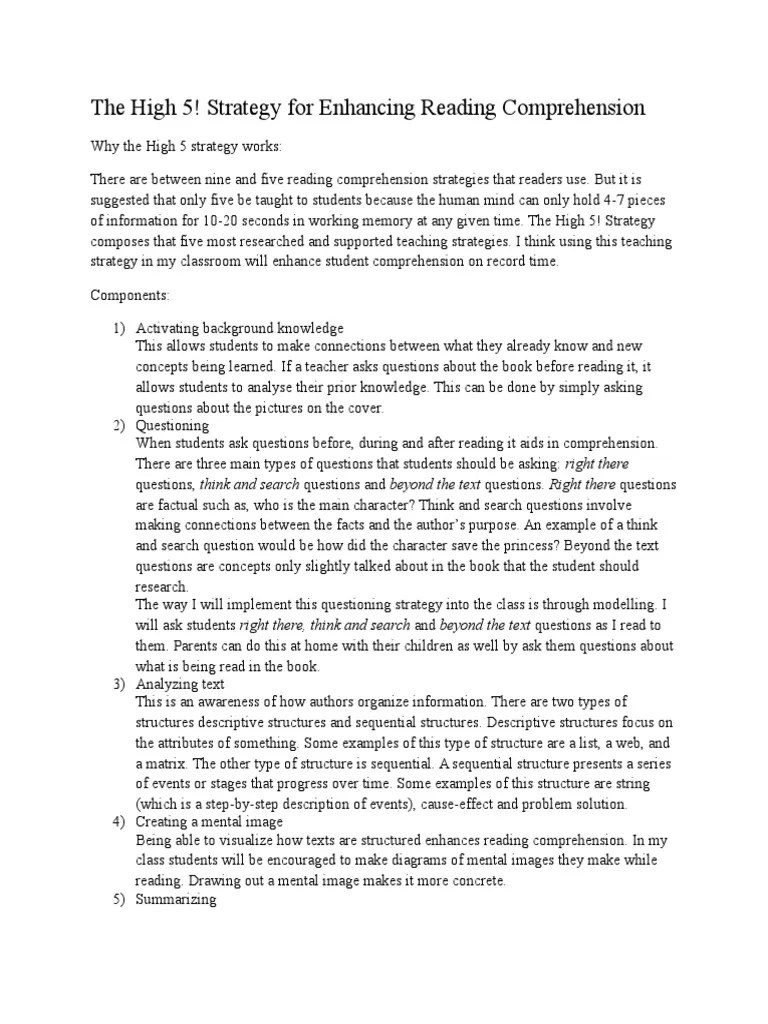 the high 5 strategy for enhancing reading comprehension Reading