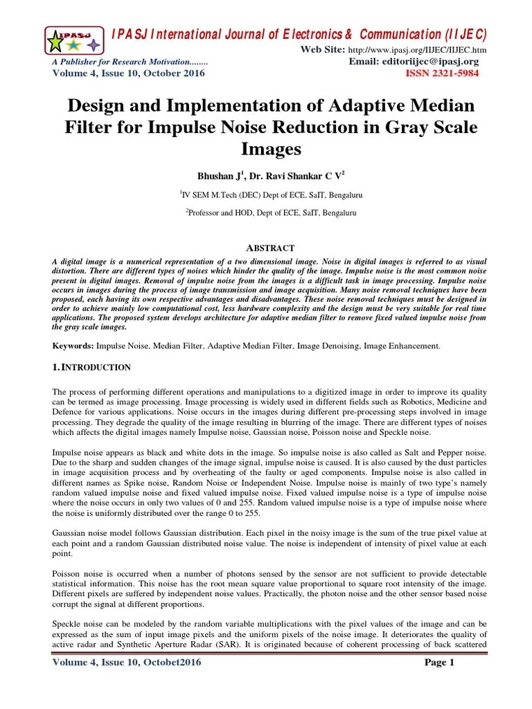 Design and Implementation of Adaptive Median Filter For Impulse Noise