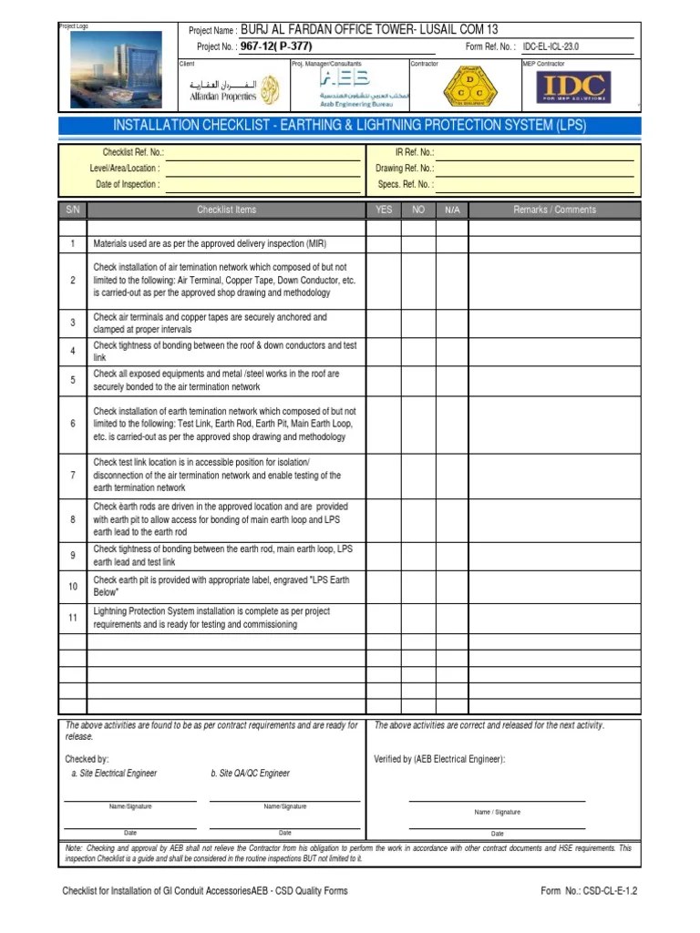 Checklist Earthing Lightning PDF Electrical Engineering Engineering