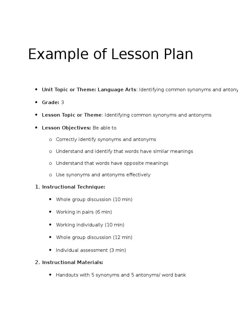Example of Lesson Plan Lesson Plan Educational Assessment