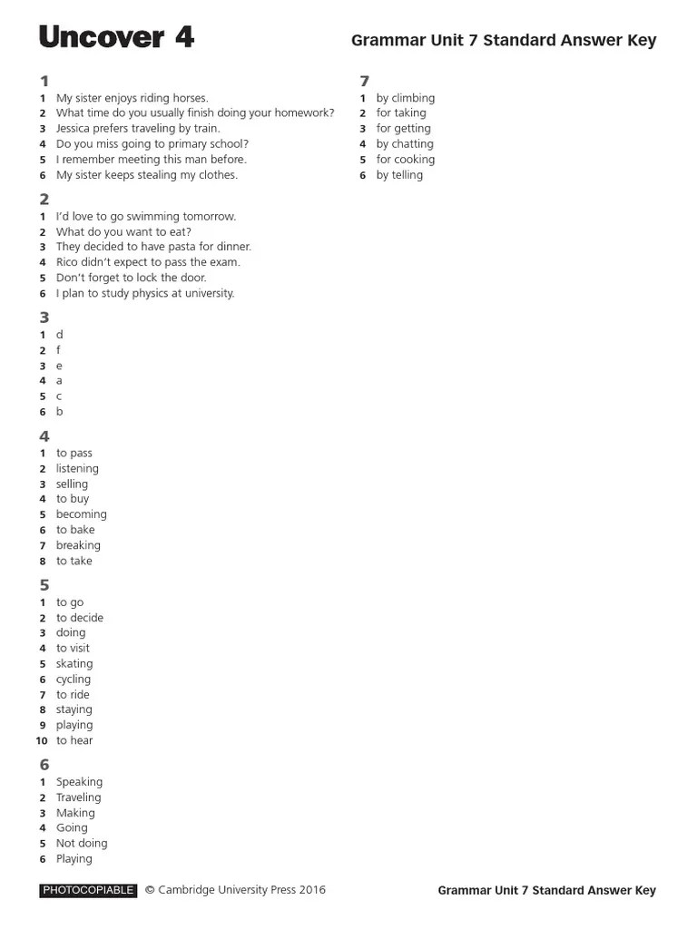 Unit 7 Grammar Standard Answer Key | PDF