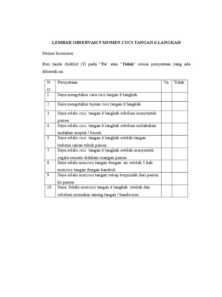 KUESIONER-5-MOMEN-CUCI-TANGAN-6-LANGKAH - Docx Rimbun | PDF