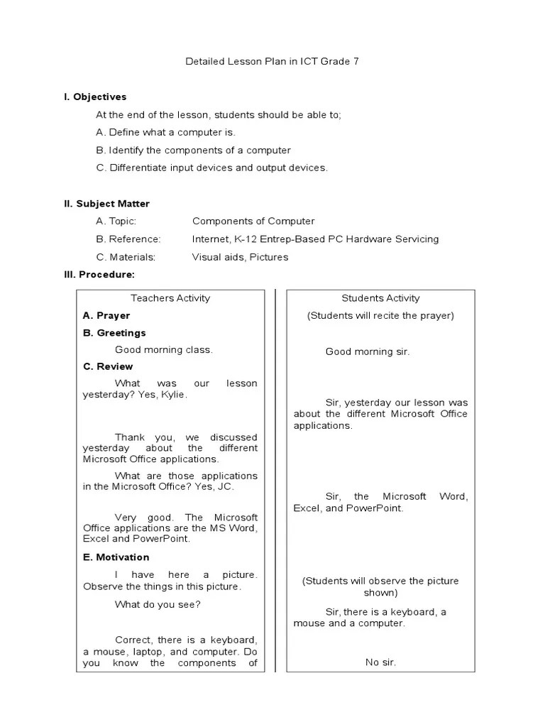 Detailed Lesson Plan in ICT Grade 1 Input/Output Computer Data Storage