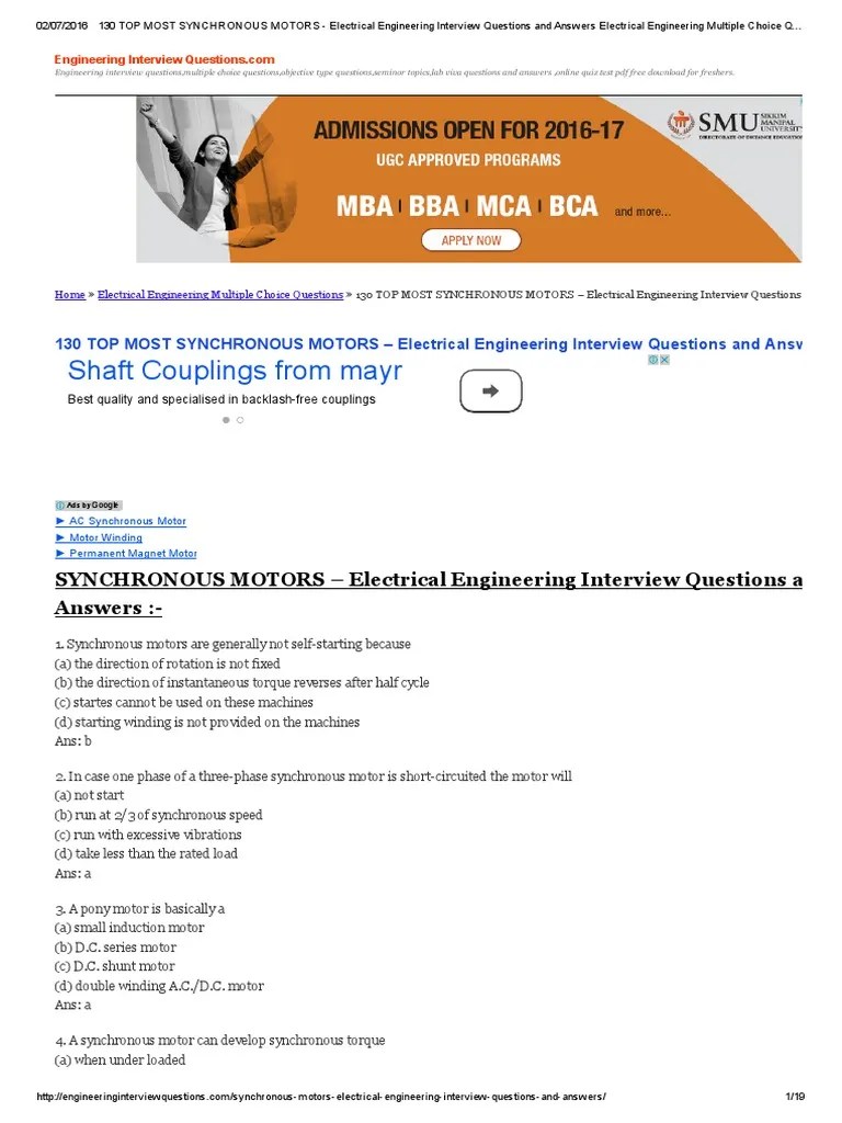 130 TOP MOST SYNCHRONOUS MOTORS Electrical Engineering Interview