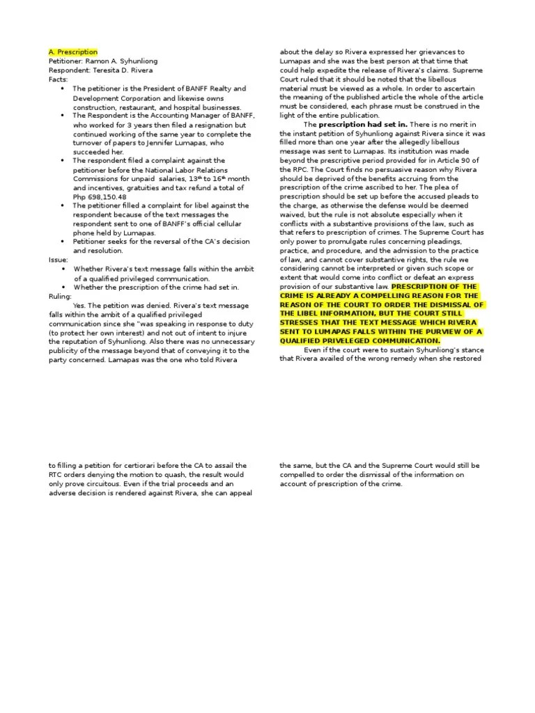 Syhunliong vs. Rivera PDF Statute Of Limitations Defamation