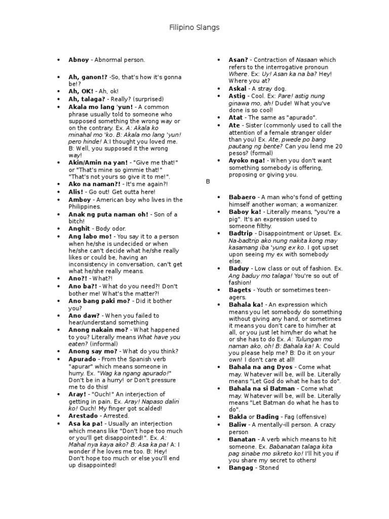 Filipino Slangs Vocabulary Languages