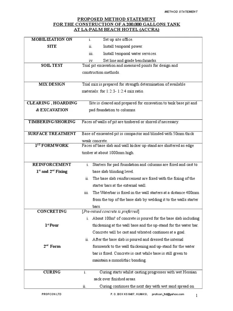 Proposed Method Statement Concrete Column