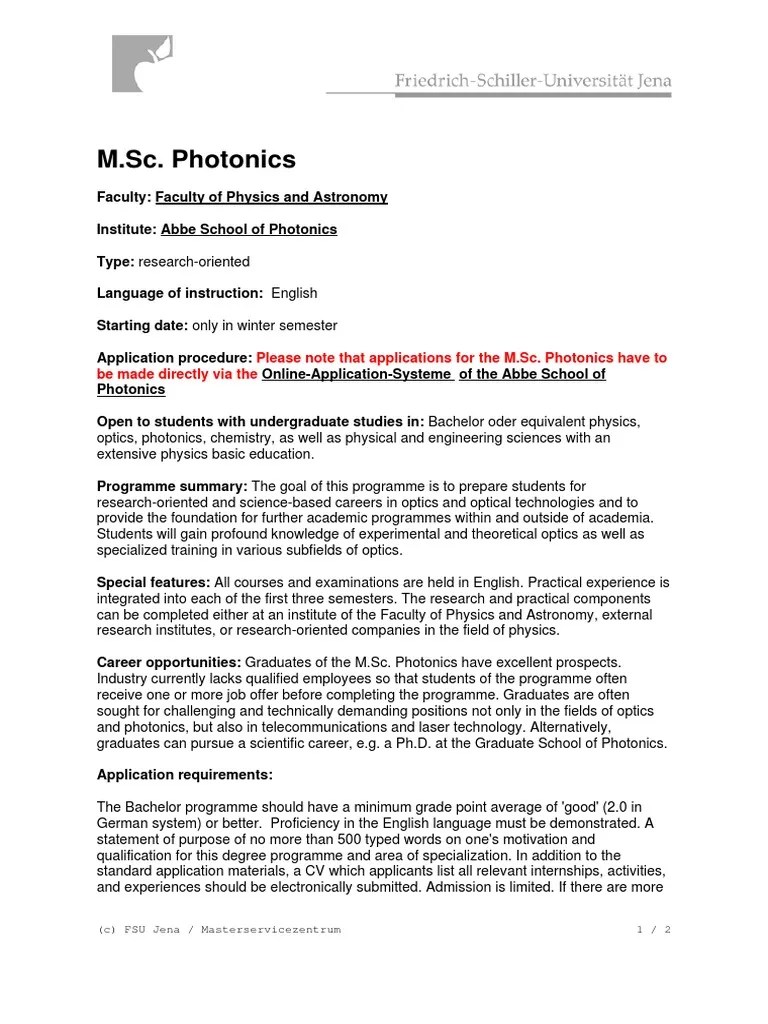 M.Sc. Photonics at the Abbe School of Photonics A ResearchOriented
