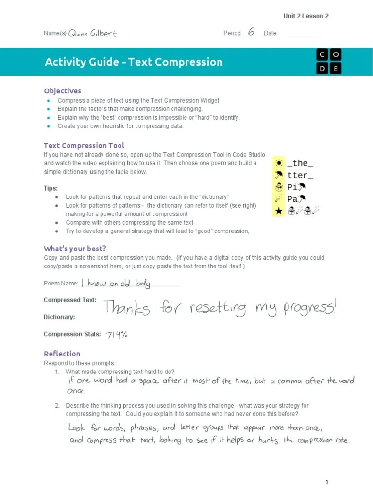 Activity 2 2 Text Compression Data Compression Heuristic