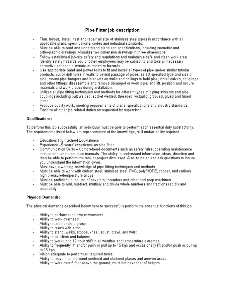 Pipe Fitter Job Description Pipe (Fluid Conveyance) Specification
