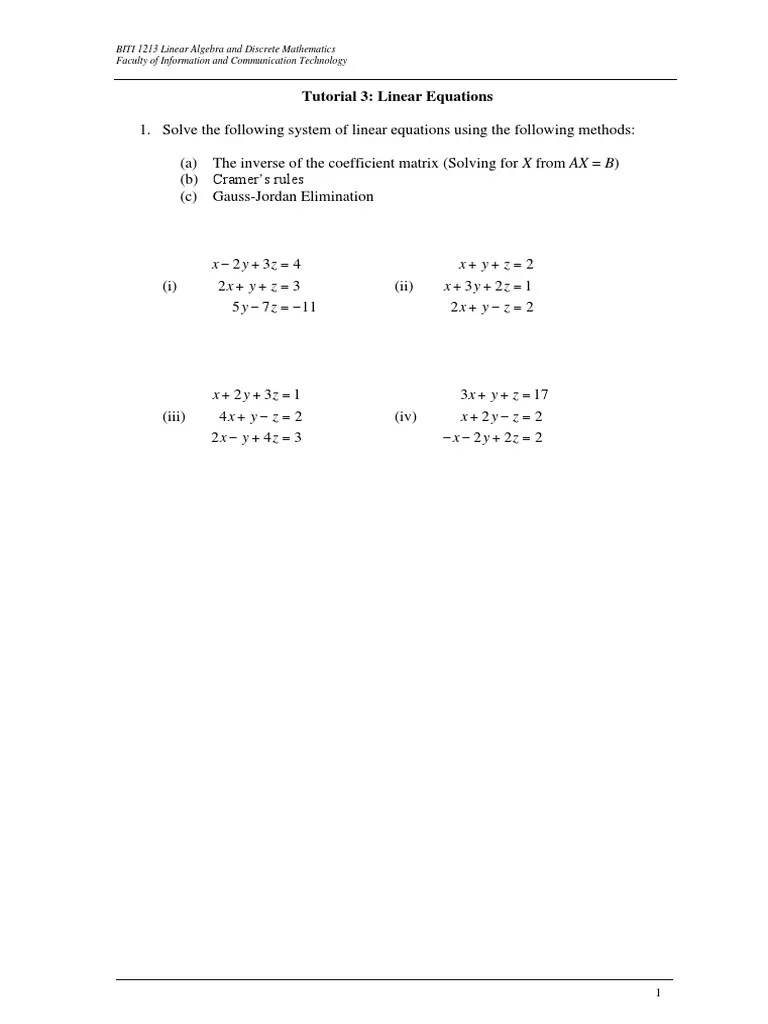 Tutorial 3 Linear Equations PDF