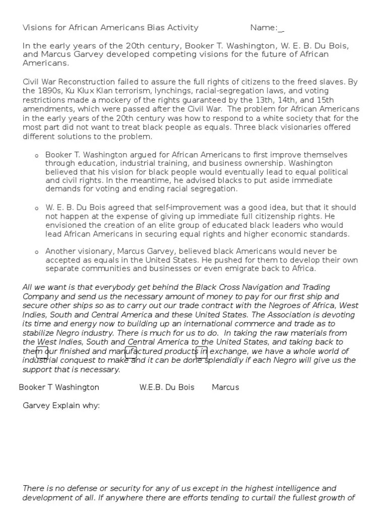 Three Visions For African Americans Bias Activity PDF W. E. B. Du Bois Reconstruction Era