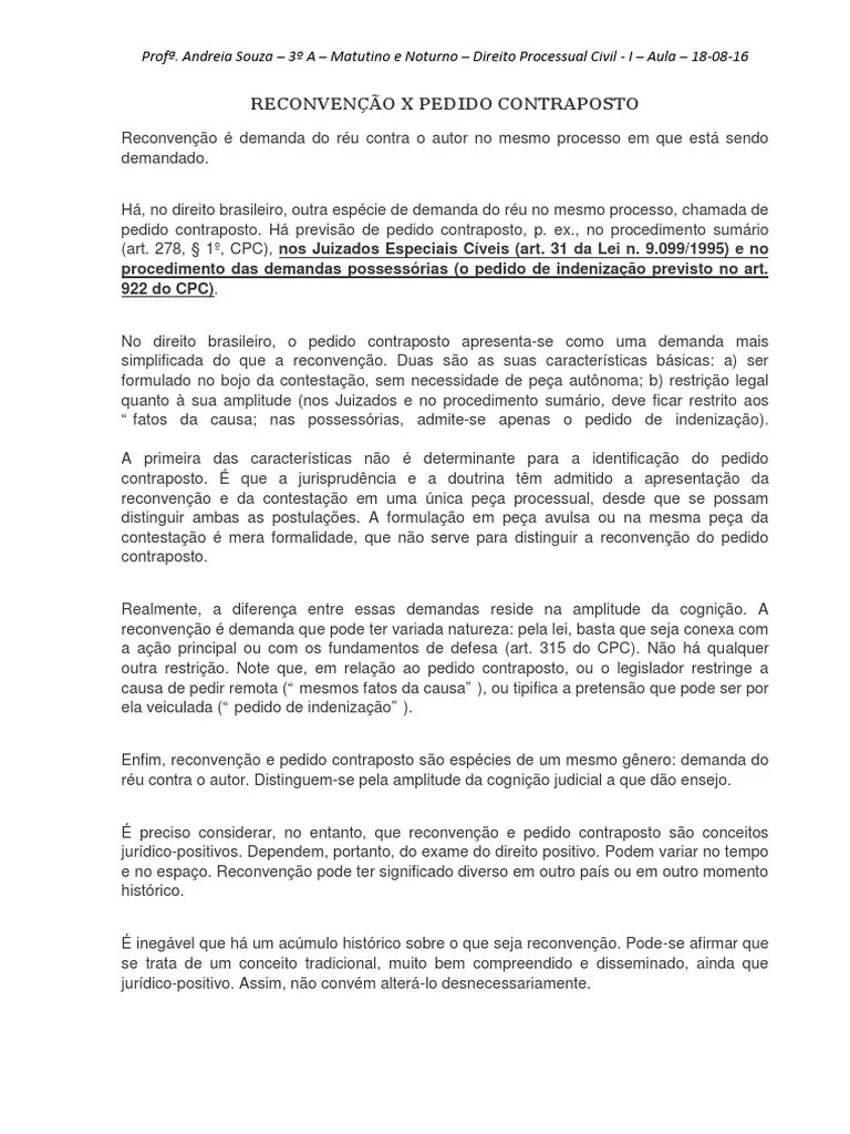 Reconvenção x Pedido Contraposto Aula 180816 Reconvenção Réu