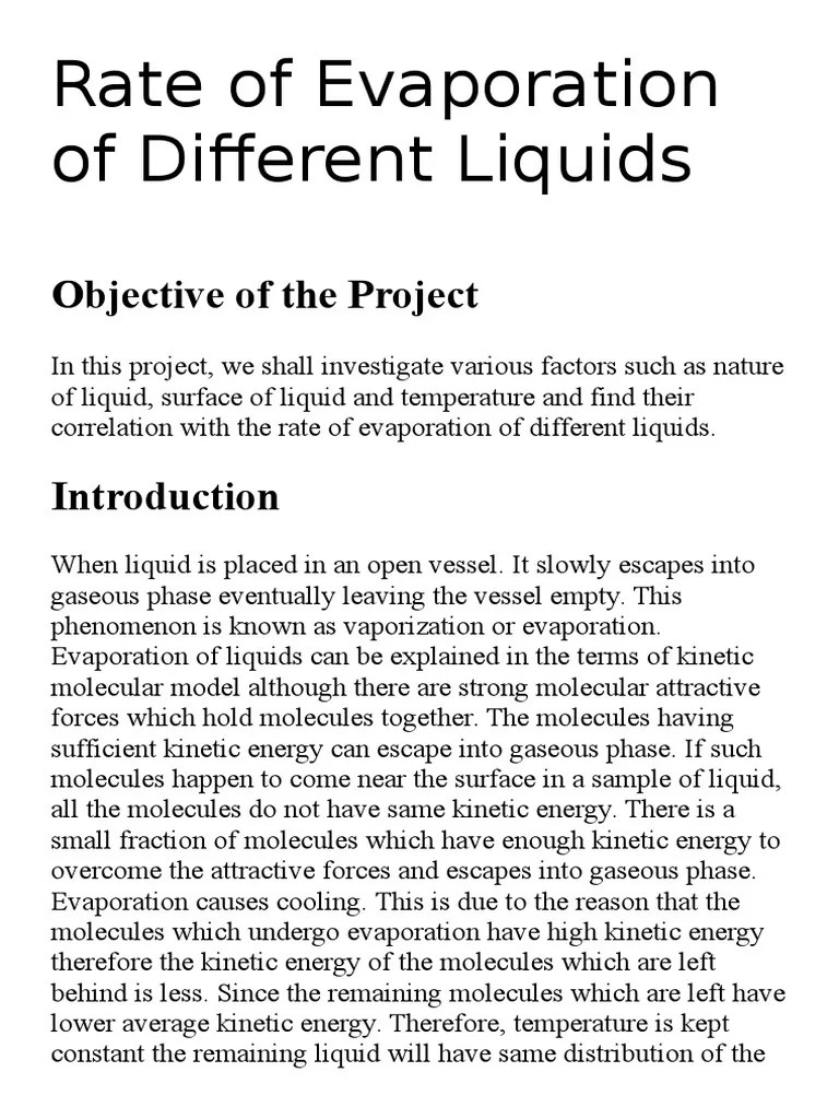Rate of Evaporation of Different Liquids Evaporation Applied And