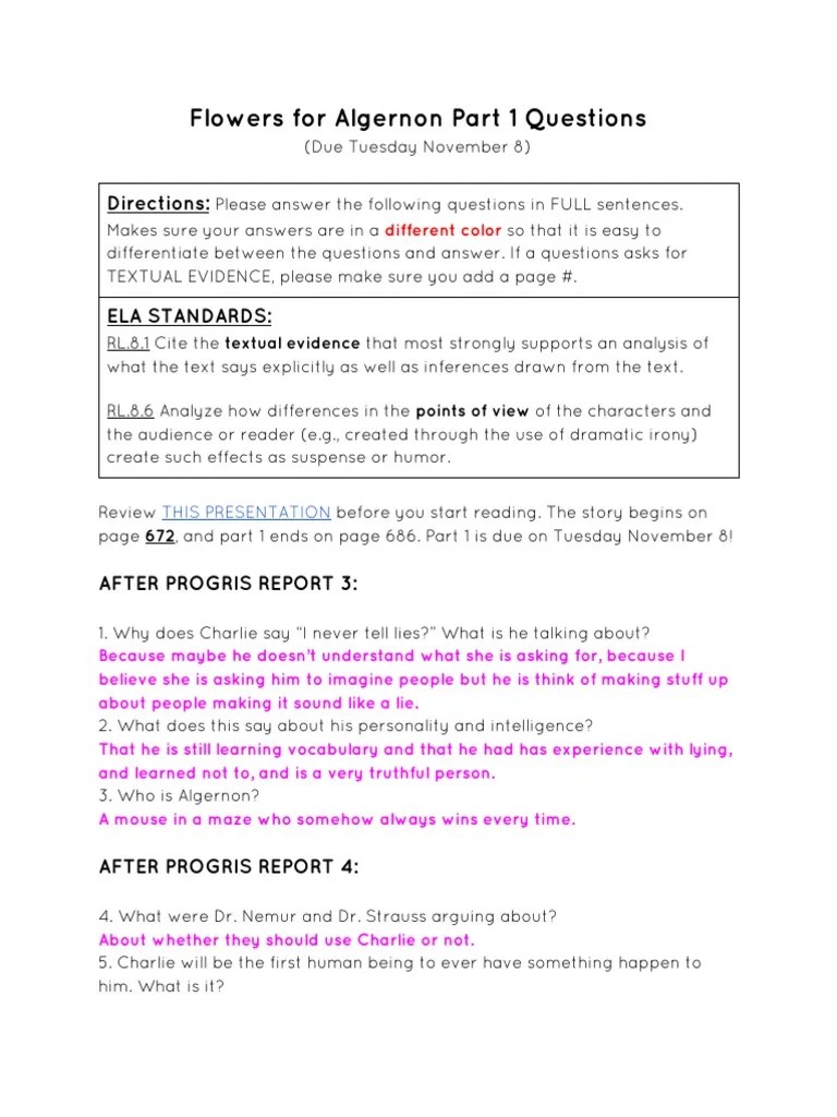 Flowers For Algernon Part 1 Questions Directions PDF