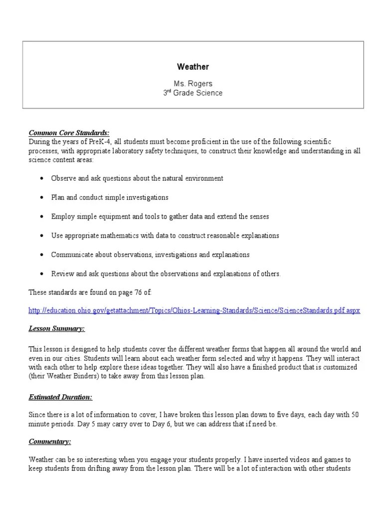 3rd Grade Lesson Plan Weather Lesson Plan Science