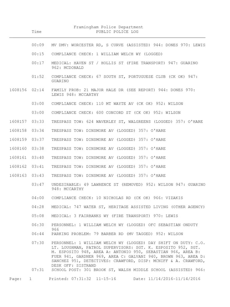 Framingham Police Daily Log Pdf Travel