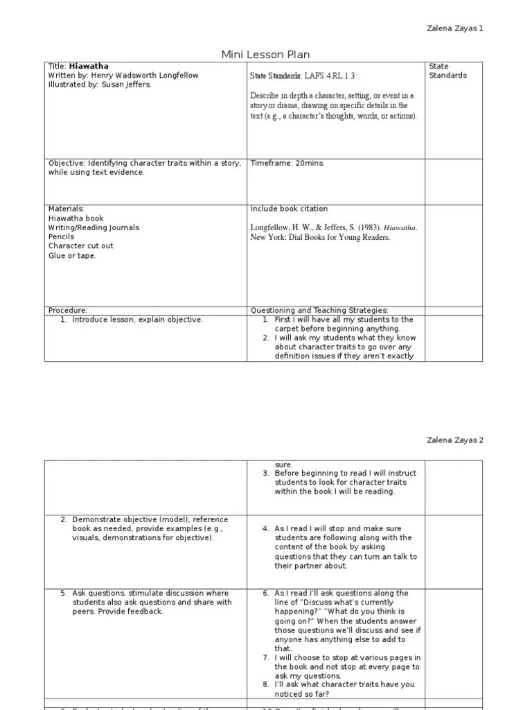 mini lesson plan template Lesson Plan Teaching