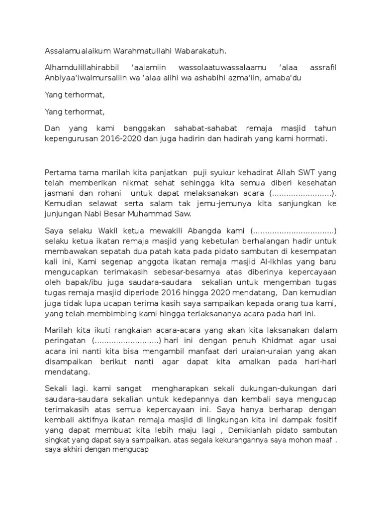 Contoh Pidato Pembukaan Kepengurusan Periode Baru, Wakil Ketua Remaja  Mesjid | PDF