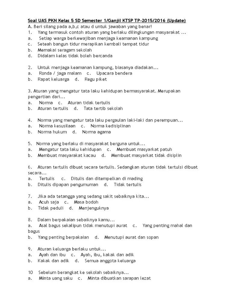 Soal UAS PKN Kelas 5 SD Semester 1 | PDF