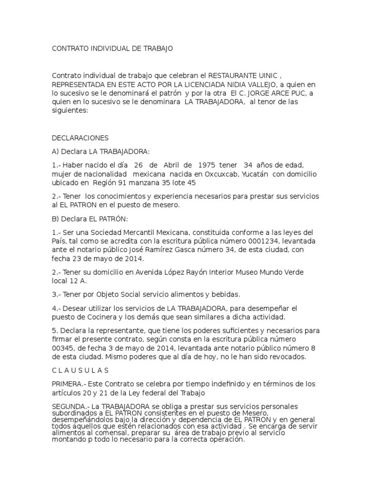 Contrato Individual de Trabajo Mesero Liquidación México