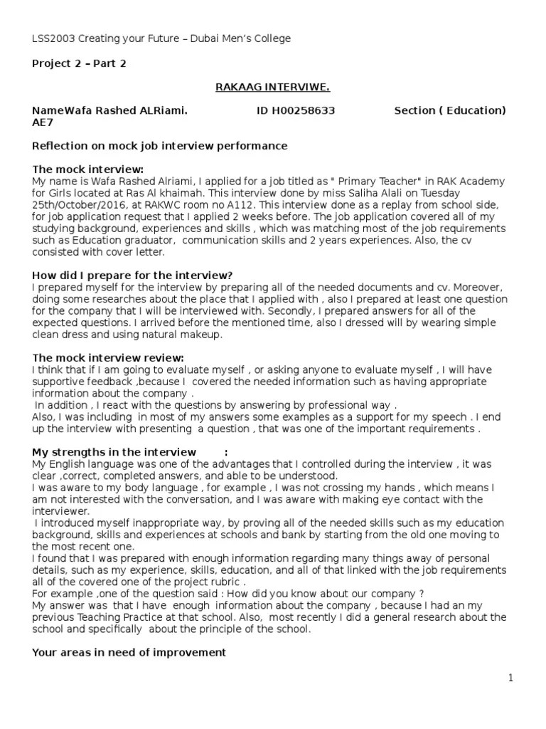 Your interview performance reflecting on how you. Project 2 Job Interview Reflection 1 Job Interview Question