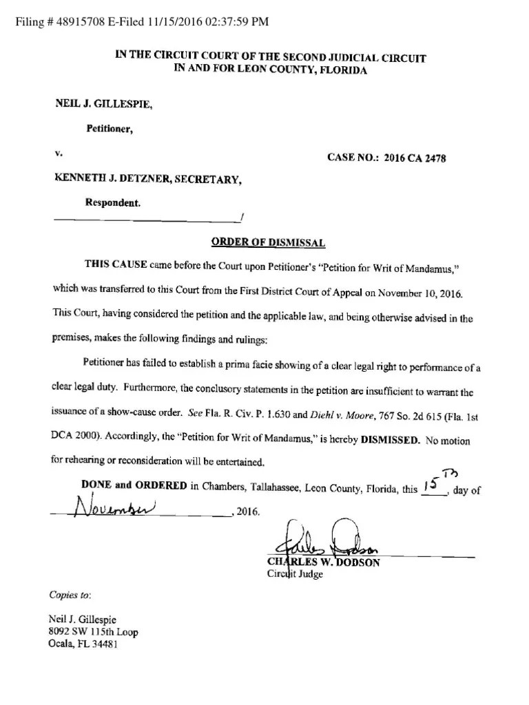 Order of Dismissal, Case No. 2016CA2478, Leon County Circuit Court