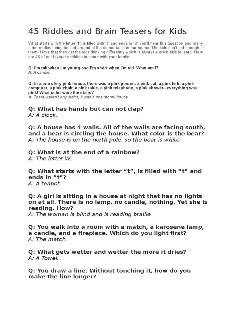 45 Riddles and Brain Teasers For Kids