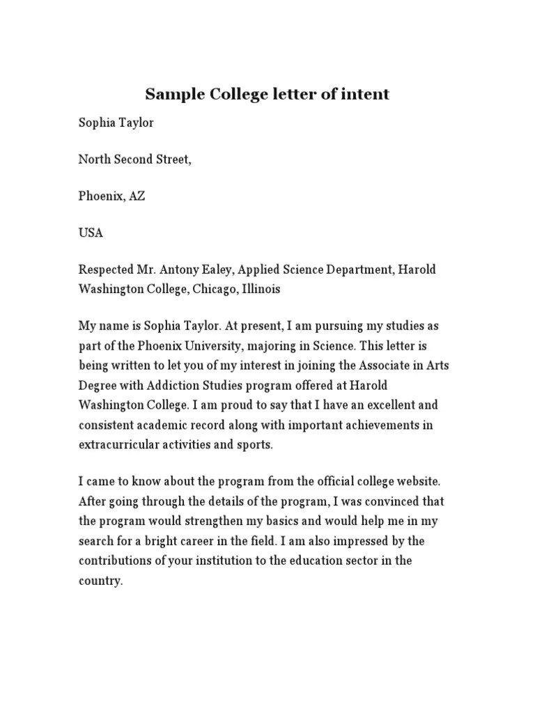 Sample College Letter of Intent Master Of Arts Academia