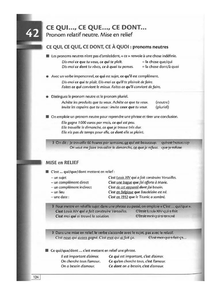 Ce Qui Ce Que Ce Dont Pronoms Relatifs Neutres Mise en Relief PDF