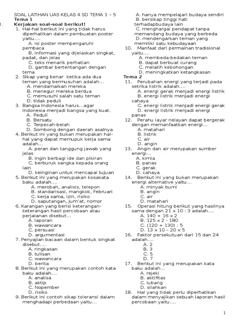 Soal Latihan Uas Kelas 4 Sd Tema 15 50 Soal