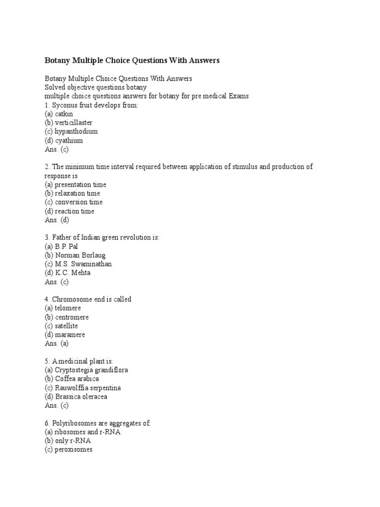 Botany Multiple Choice Questions With Answers Plant Hormone