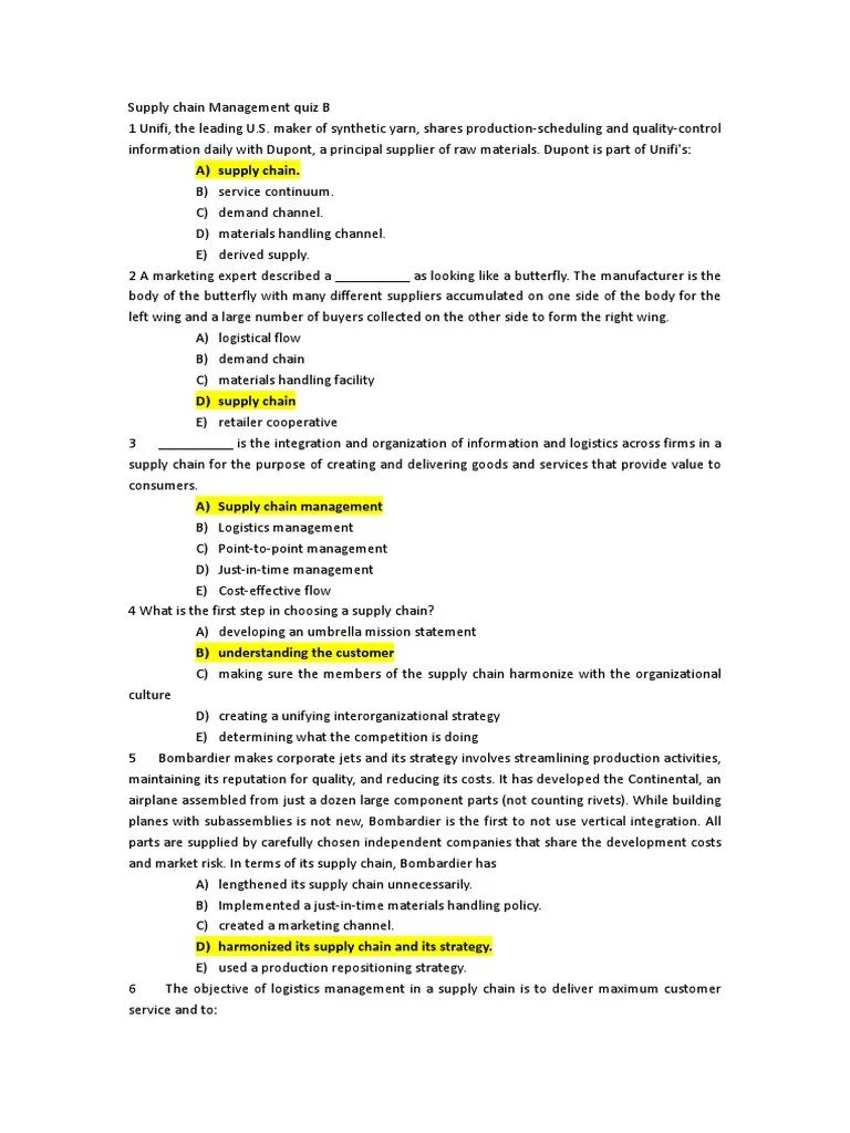 Supply Chain Management Quiz Supply Chain Supply Chain Management