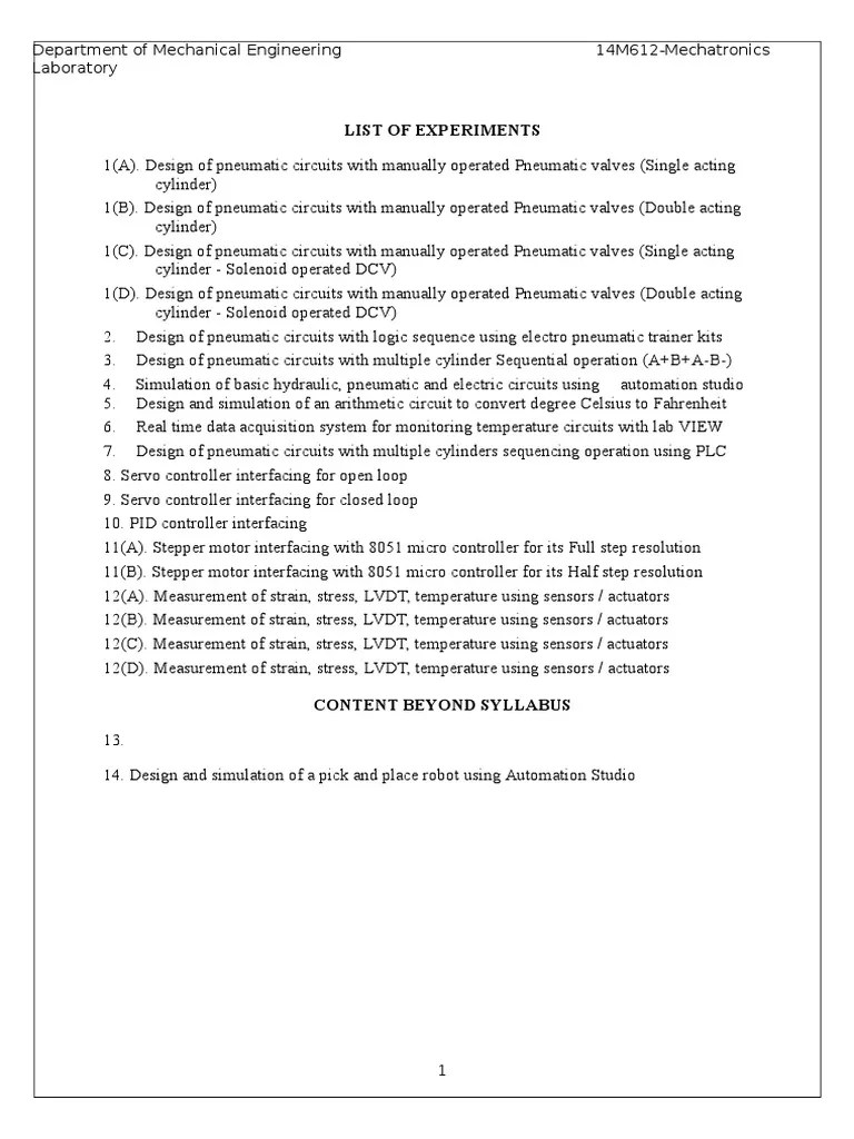 Mechatronics Lab Manual PDF Pneumatics Valve