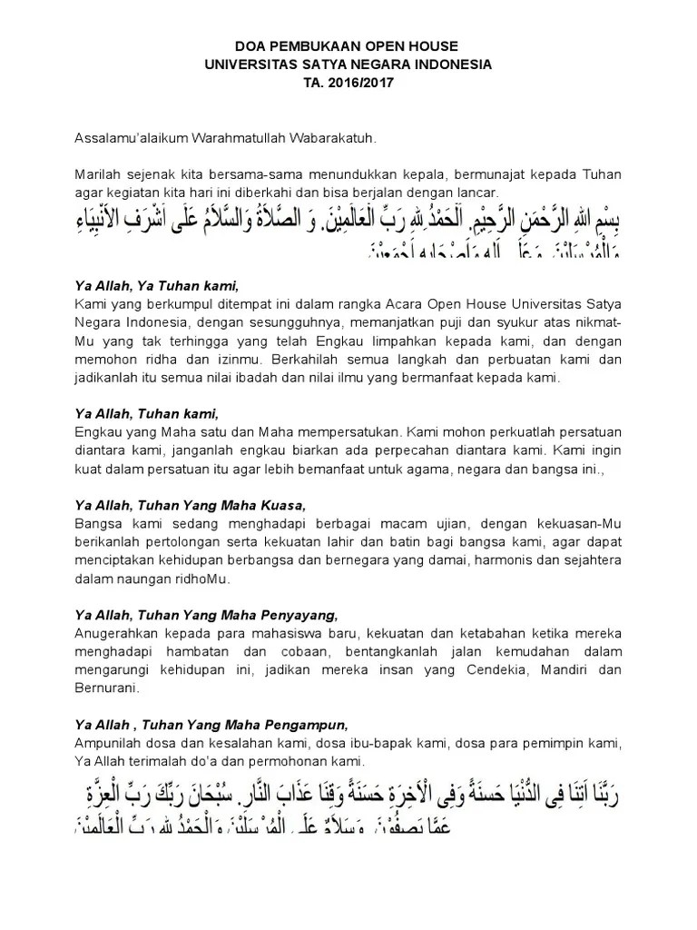 Doa Pembukaan Open House Universitas Satya Negara Indonesia | PDF