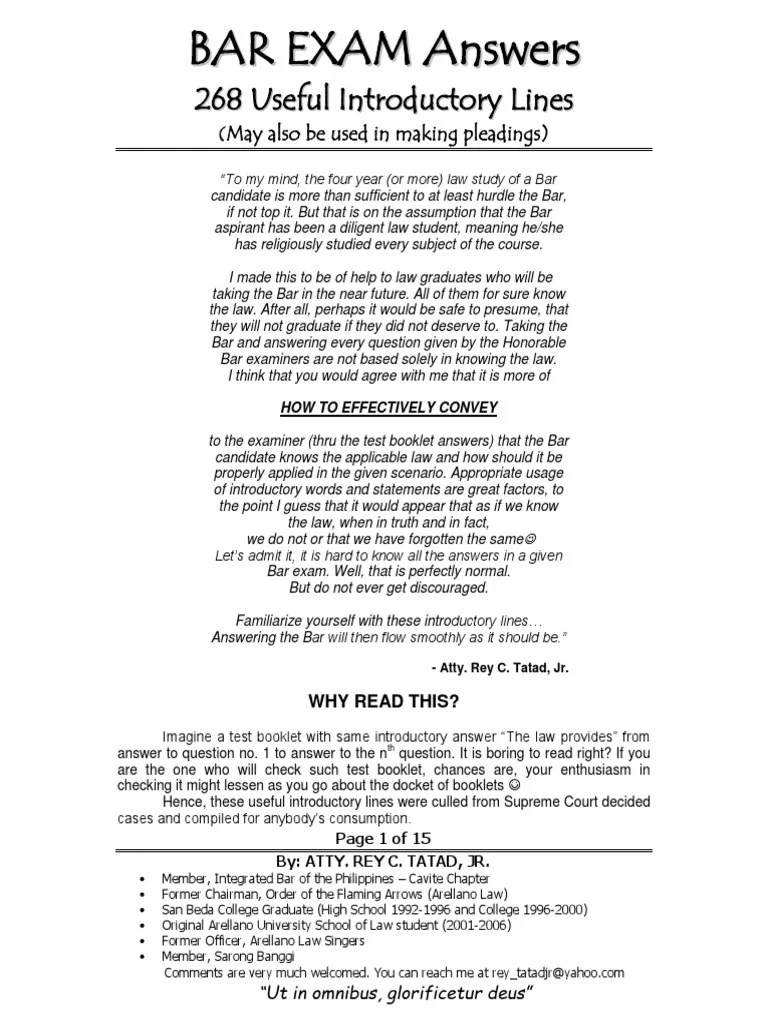 Bar Exam Answers Useful Introductory Lines | PDF | Supreme Courts