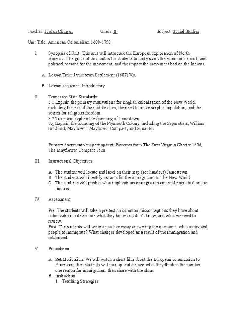 jamestown lesson plan Colonialism Reading Comprehension