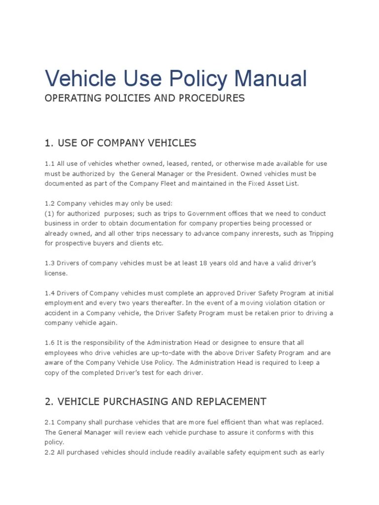 Vehicle Use Policy Manual Vehicles Driving