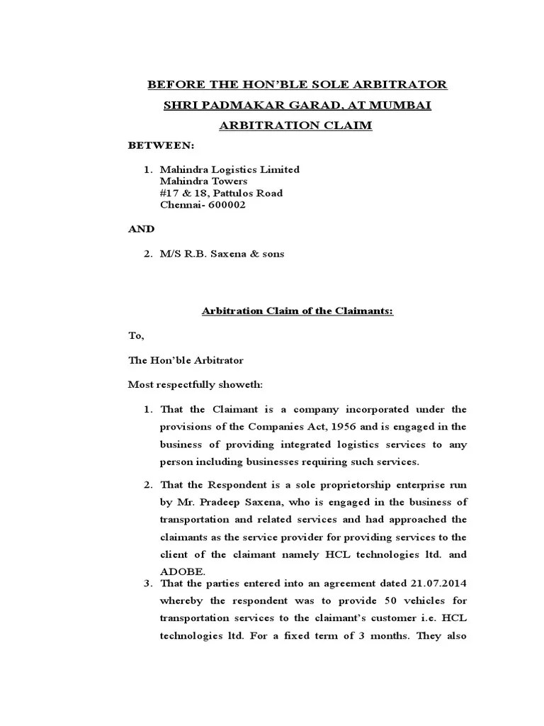 Statement of Claim Arbitral Tribunal Arbitration