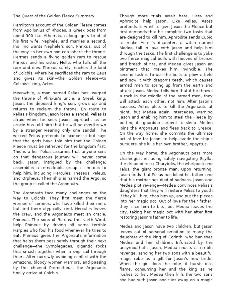 The Quest of the Golden Fleece Summary Jason Argonauts