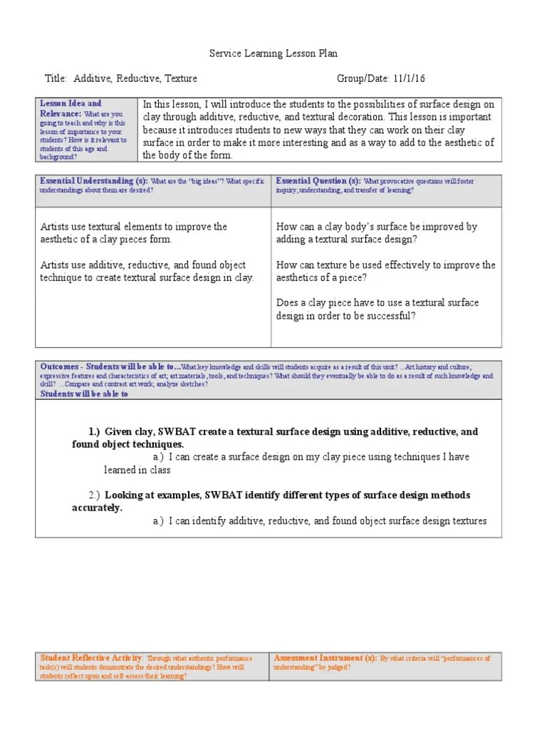 Service Learning Lesson Plan Template 20164 PDF Cognition Pedagogy